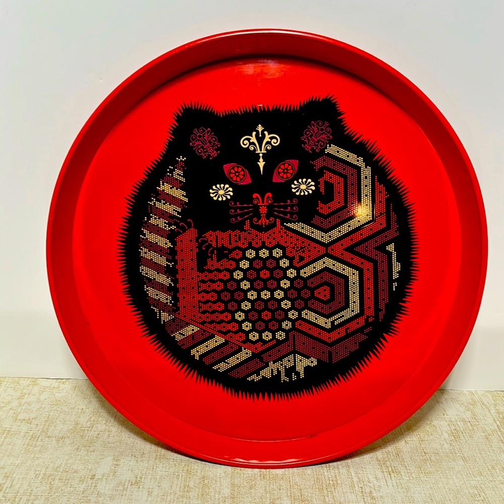 Vintage 60's Psychedelic Cat on Orange Tin Tray! "Viking Handmade"made In Japan